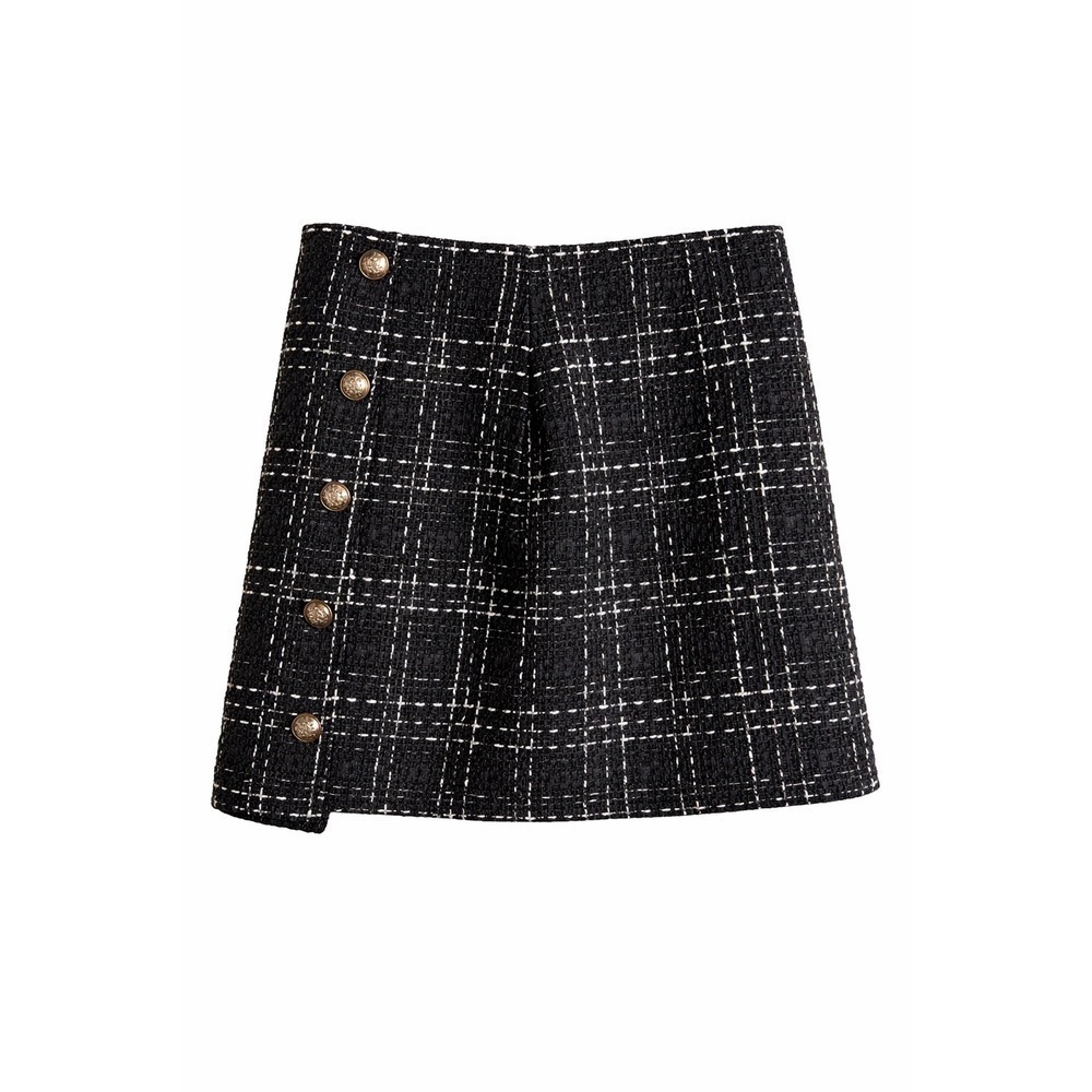 Black White Tweed Plaid Mini Skirt Large Gold Button Office Siren Dark Academia